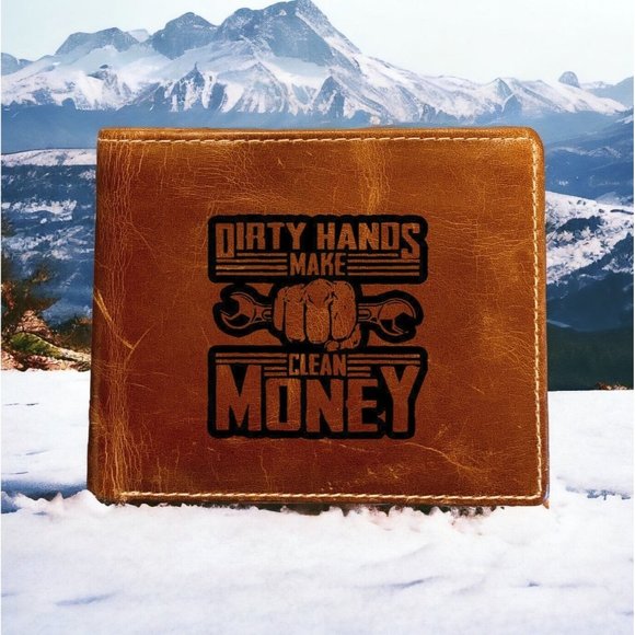 Dirty Hands Clean Money Leather Wallet Bifold 100% Genuine Buffalo Premium NEW - Picture 1 of 6